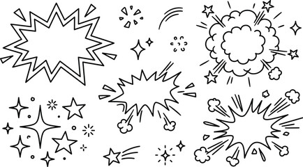 Comic Book Speech Bubble and Explosion Cloud Icon Set with Sparkle Stars and Zap Blast Symbols for Pop Art Graphic Designs © PUTUL