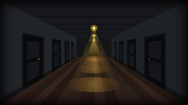 Dark hallway with flickering spotlights illuminating the corridor
