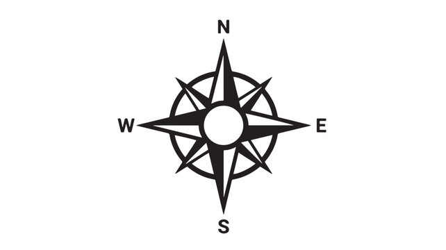Minimalist black compass rose symbol pointing north south east and west isolated