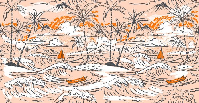 Brush line drawing art for seamless vector print pattern design. summer t-shirt design. line art graphic, summer print design. tropical pattern. spring summer print trend. vintage botanic artwork. 