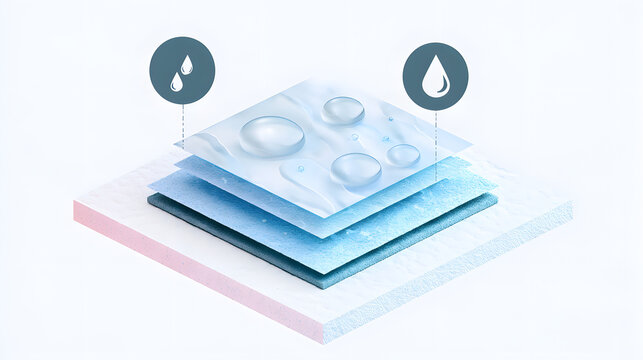 a 3D depiction of a multi-layers super-absorbent pad featuring water droplets and leak-prevention icons, illustrating quick liquid absorption and moisture-retaining layers