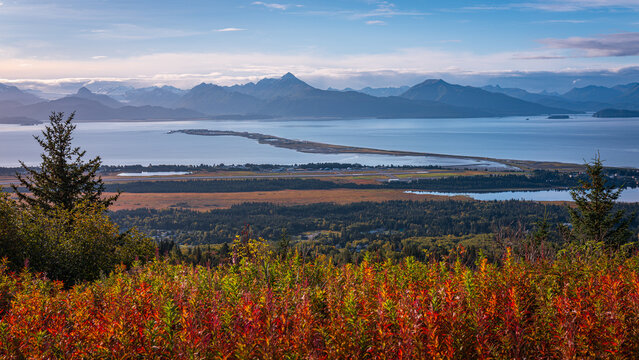Alaska Homer autumn aerial sunrise landscape over Kenai Mountains, Beluga Lake, and Kachemak Bay along the ridge of Skyline Drive