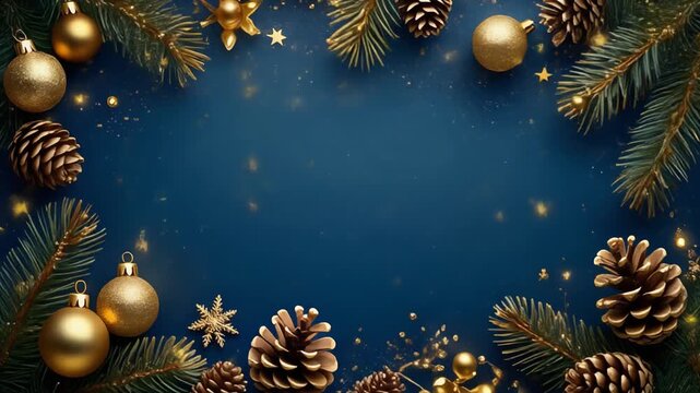Festive Christmas wreath border with golden baubles and pine cones on deep blue background