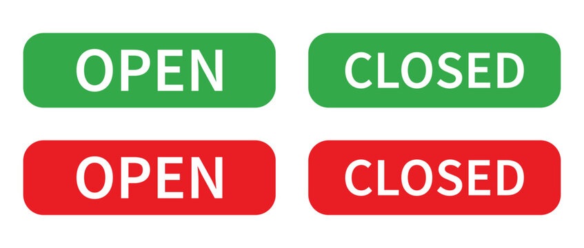 Open and closed door signs set, green and red rounded rectangular shape vector illustration.