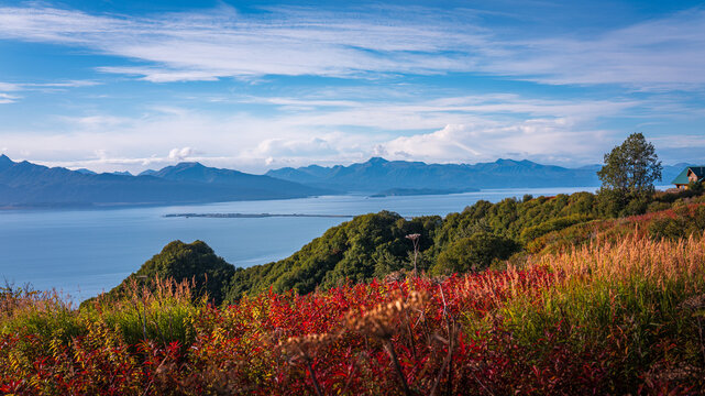 Alaska Homer autumn aerial landscape of Kenai Mountains and Kachemak Bay along the ridge of Skyline Drive