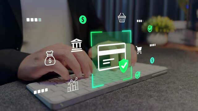Secure online payment concept, showing digital credit card transaction, highlighting fintech innovation, financial security, encryption, and global ecommerce trends