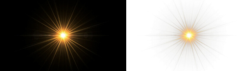 Fototapeta premium Bright golden sunburst with glowing rays and lens flare effect, isolated on transparent background
