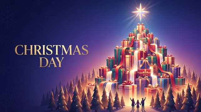 Magical Christmas Tree Made of Gift Boxes with Glowing Star and Silhouette Family in Pine Forest Background
