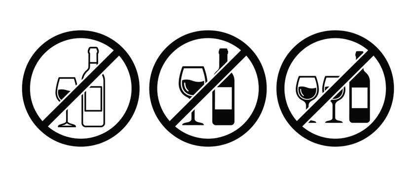 prohibition icons showing no alcohol wine and drinking symbols with crossed out glass and bottle