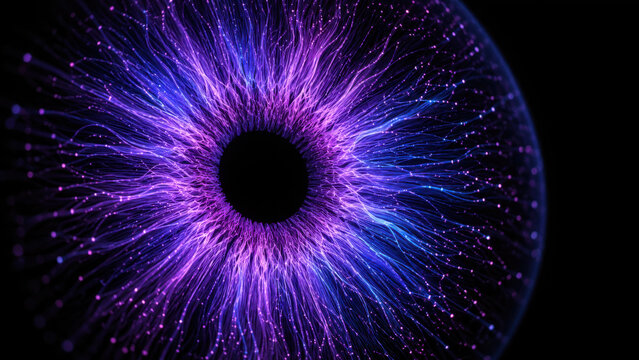 Abstract eye iris structure with radiating neon light strands in purple and blue on black background technology concept