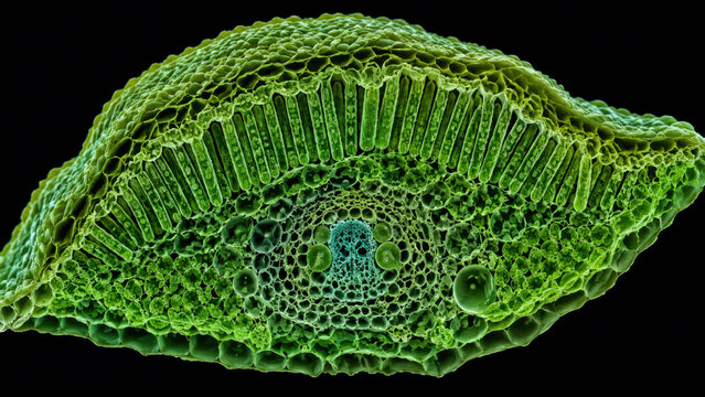 Colorized electron microscope cross section of algae leaf structure in green marine botany concept on black background showing detailed cellular anatomy