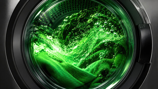 Close up of washing machine door with glowing green swirling water and bubbles inside laundry technology concept macro appliance photography