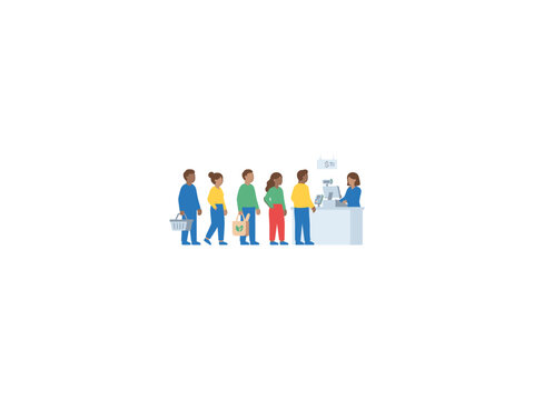A flat vector illustration showing a diverse group of people waiting in line at a supermarket checkout counter with groceries.