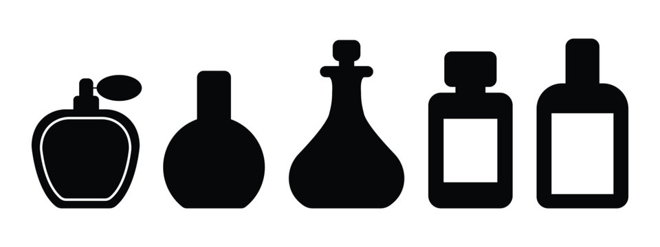 Perfume bottle vector icon set, black silhouette fragrance spray and essential oil bottles isolated on white background.