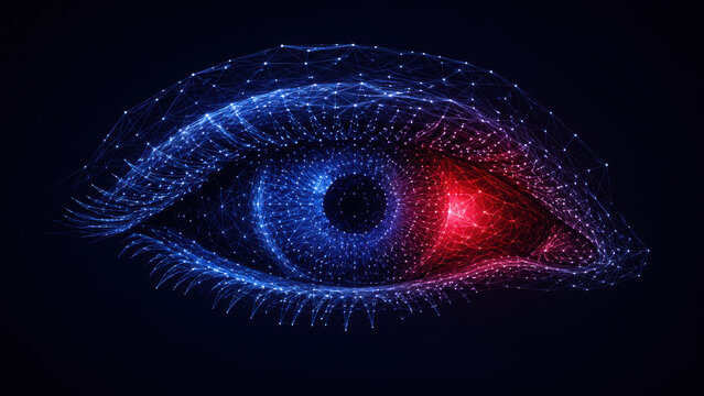 Low poly human eye with glowing red irritated spot connecting dots and triangular mesh lines on dark background, digital eye health concept in blue and red tones