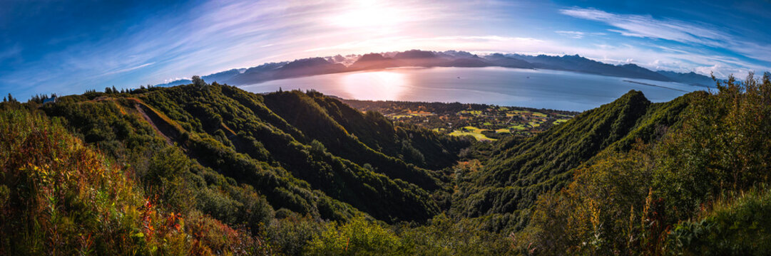Alaska Homer tundra forest autumn sunrise landscape with views of Kenai Mountains and Kachemak Bay along Skyline Drive Valley in fisheye panoramic photography