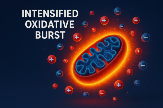 Intensified oxidative burst around central mitochondria organelle floating charged radicals crisp scientific illustration dark blue background molecular pathology cellular energy
