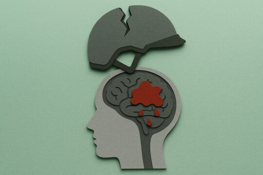 Paper craft illustration of cracked helmet above human head cross section showing brain with internal bleeding in red and grey tones on soft green background head injury concept