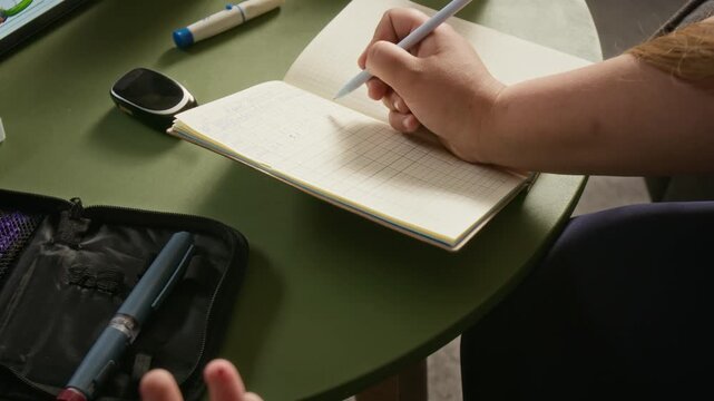 Unrecognizable woman recording blood glucose results in logbook beside pricked finger with blood droplet. Footage suits diabetes management campaigns and chronic healthcare commercials