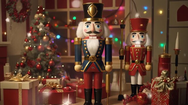 Festive nutcrackers arranged in a Christmas scene with glowing lights and gifts