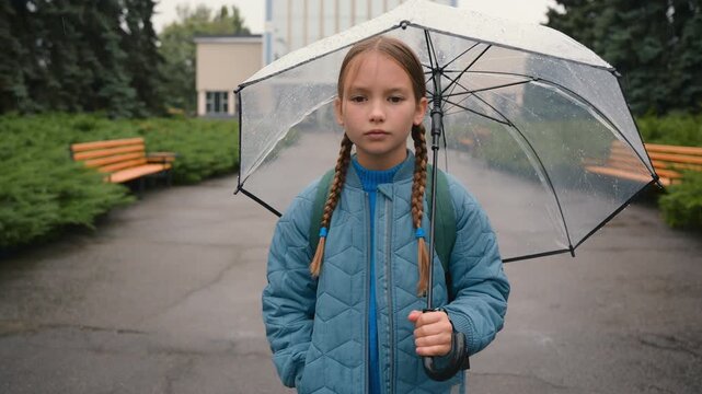 Sad Caucasian little school girl holding umbrella checking rain protecting from wet weather fall autumn seasons daughter schoolgirl child kid upset with parasol in city meteorology seasonal problem