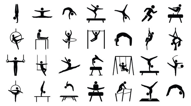 Gymnastics and acrobatics stick figure icon set featuring balance beam pommel horse rings aerial hoop ribbon splits and handstand vector illustration