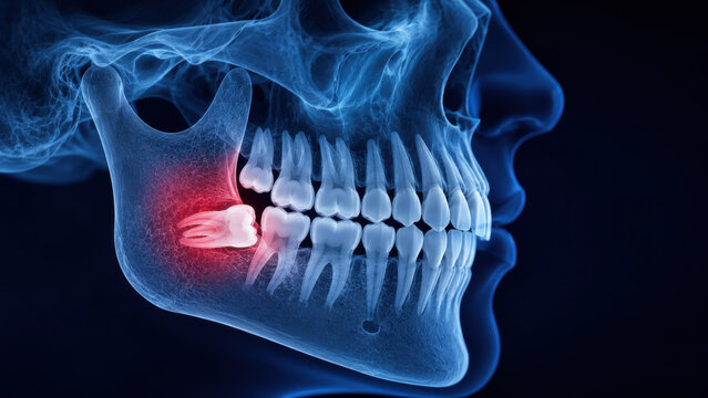 X ray style jaw showing wisdom tooth impaction highlighted red dental surgery concept dark blue background medical illustration anatomy