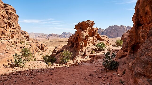 Desert canyon landscape with rocky formations and sparse greenery under a clear sky