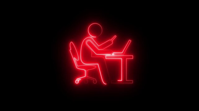 Glowing neon line working on computer icon.Businessman working in the computer icon.Office worker sitting at desk and working on computer icon