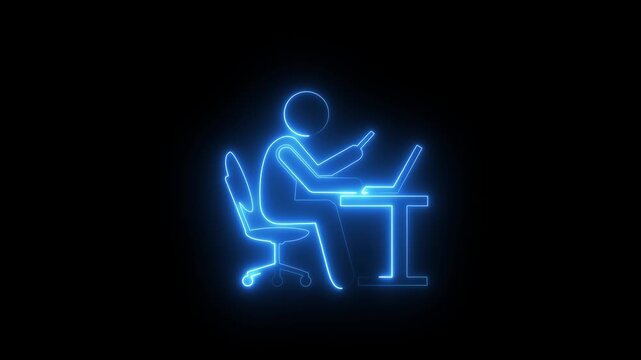 Glowing neon line working on computer icon.Businessman working in the computer icon.Office worker sitting at desk and working on computer icon
