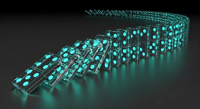 Cyberpunk dominoes cascade forming futuristic data structure on dark tech background