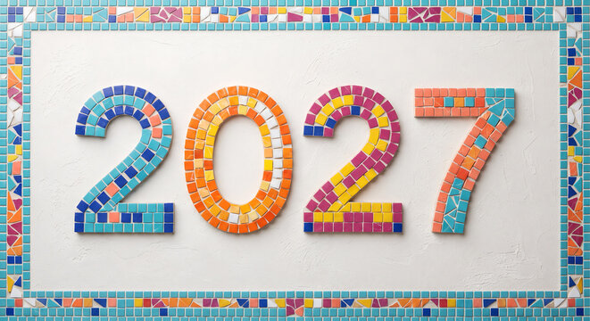 Colorful Mosaic new year 2027 Design with Decorative Tile Border on White Background