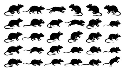 Fototapeta premium Set of Black Rats and Mice Silhouette Icons, Rodent Collection, Vector Illustration