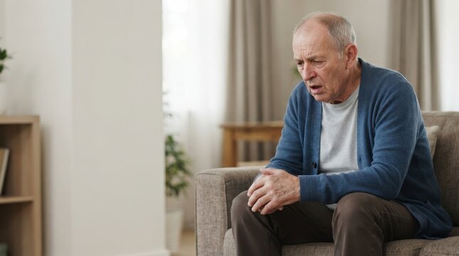 Elderly man experiencing shortness of breath. Senior male with heart failure symptom