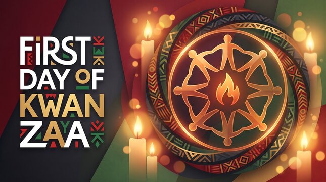 First Day of Kwanzaa Celebration Poster with African Patterns Unity Symbol and Glowing Candles