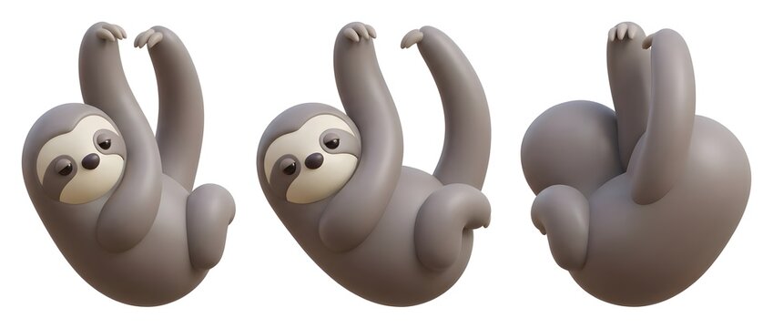 Sloth, 3D animal and cartoon character set hanging on white background for mascot, wildlife and lazy nature. Mammal, slow and gray collection with minimalist design for cute animation and calm theme