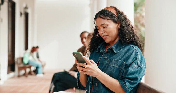 Student, face and happy girl with phone in university for higher education, social media or texting. Portrait, female person or learner typing with smile or technology for online chatting on campus