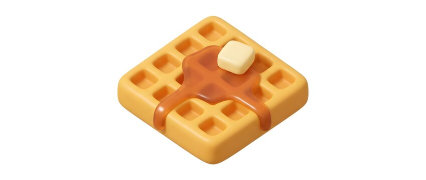 Waffle, breakfast food and 3D icon with maple syrup, melting butter and sweet meal for dessert, morning catering or snack. Tasty, delicious and golden dough with sugar topping on white background.