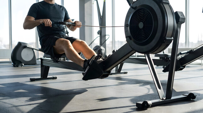 Man exercising on a rowing machine in a modern gym setting