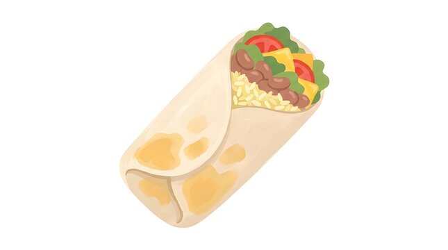 Burrito, Mexican food and tortilla wrap for lunch menu, restaurant advertising and fast food delivery. Healthy meal, fresh ingredients and taco with beef, beans, rice, cheese and lettuce on white bac