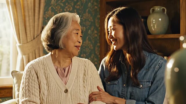 Grandmother holds granddaughter hands in loving home connection. Senior woman shares family love with young granddaughter. Grandmother and granddaughter bond together at home sharing love.