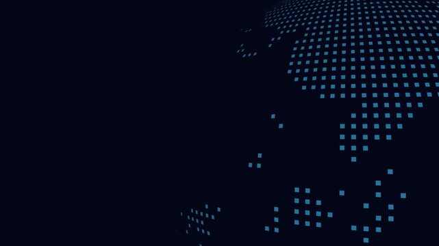 Rotating blue digital globes with pixel world map on dark background