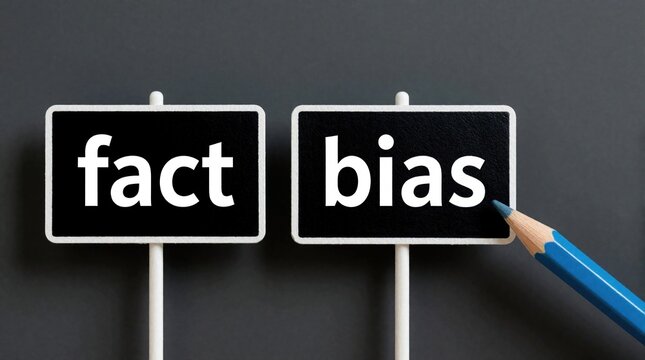 Pencil points at signs labeled fact and bias on a plain backdrop. This image represents thinking process comparing truth versus opinion or information.