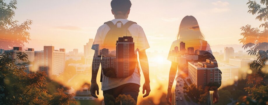 Young students with backpacks look at city skyline during sunset. Double exposure effect shows urban buildings, college campus inside silhouettes. Freshman move into dorms, starting new life,