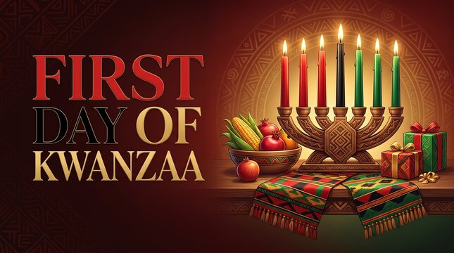 First Day of Kwanzaa Celebration Background with Kinara Seven Candles Fruits and Gifts