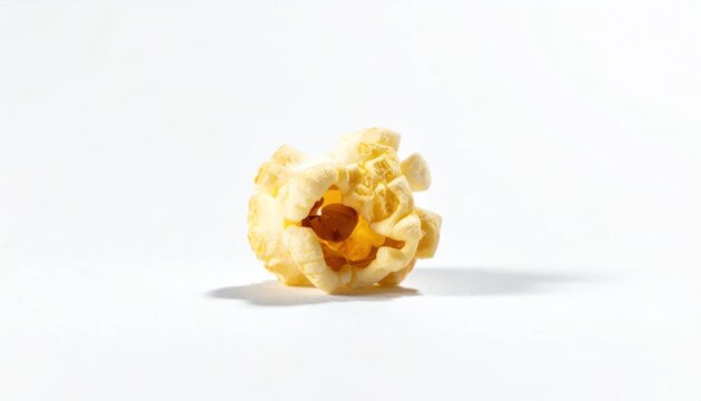 Single piece of popped popcorn isolated on white background.