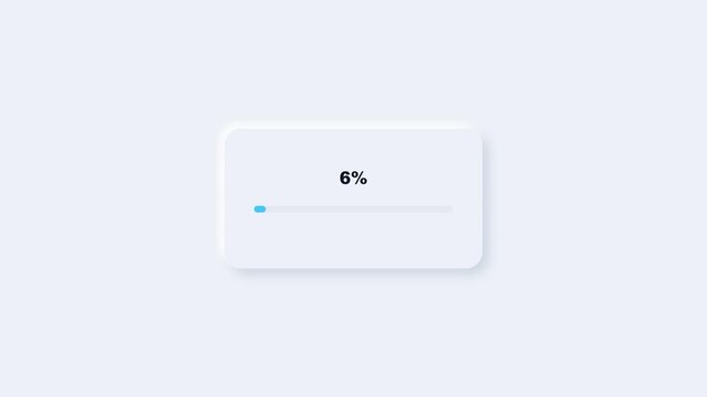 Smoothly sliding blue progress line filling a neumorphic white interface card until reaching one hundred percent completion on a minimalist background.
