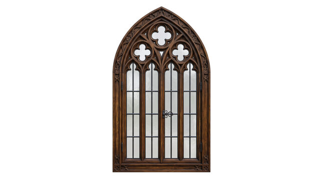 Gothic style wooden window frame with pointed arch and decorative tracery, isolated on transparent background