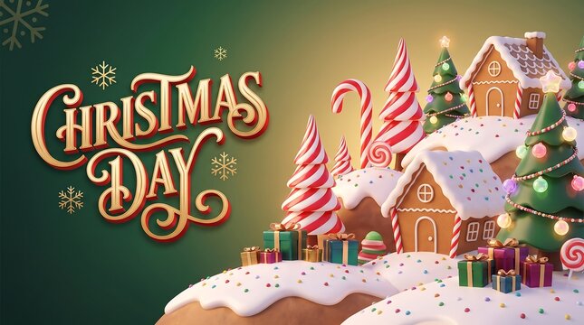 Gingerbread Village Festive Scene with 3D Christmas Day Gold Text Candy Canes and Decorated Trees on Green Background