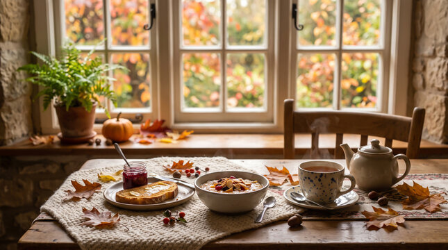 Autumnal breakfast scene with window view cozy fall morning still life